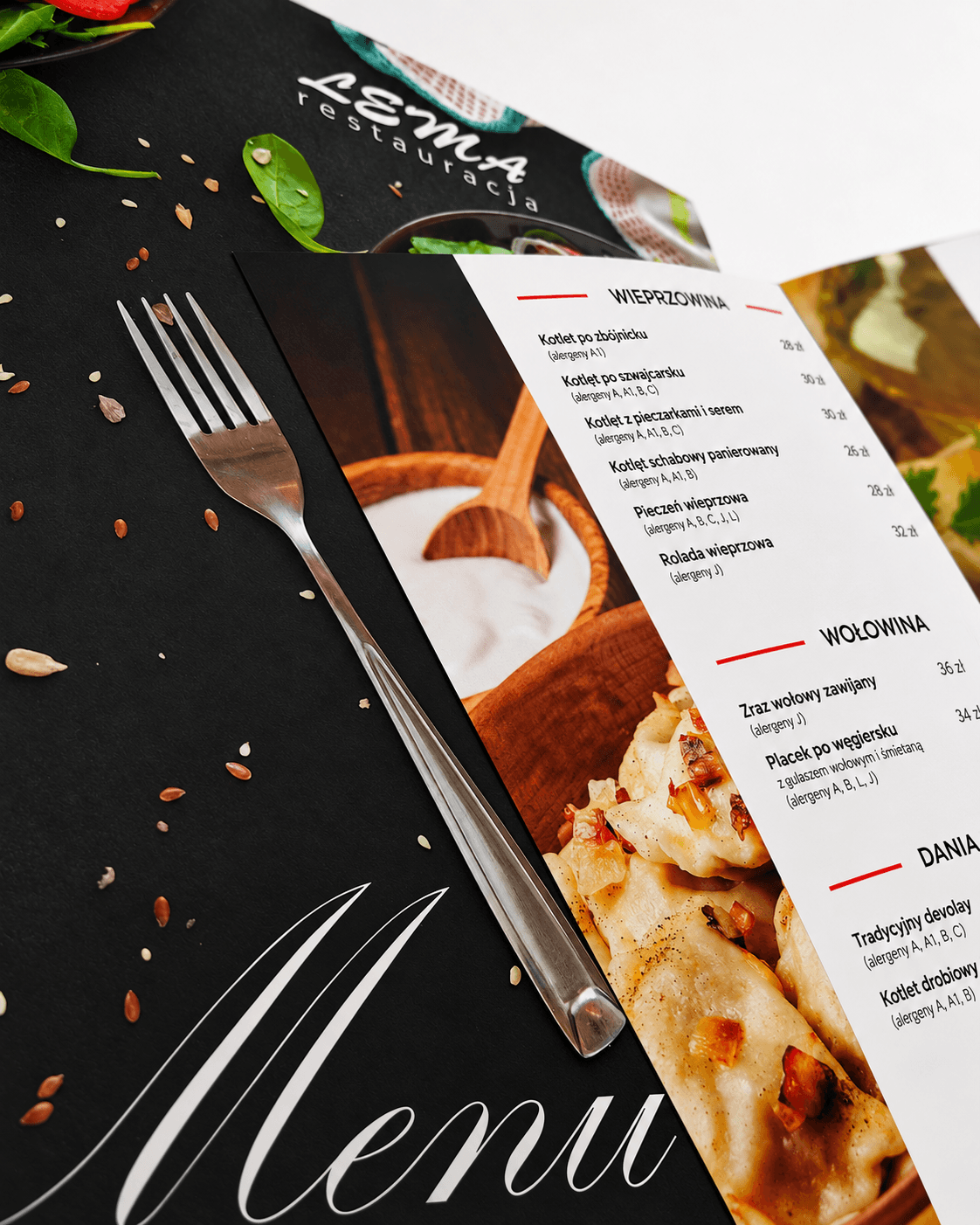 Wnętrze składanego menu Restauracji Lema – układ dań i cen