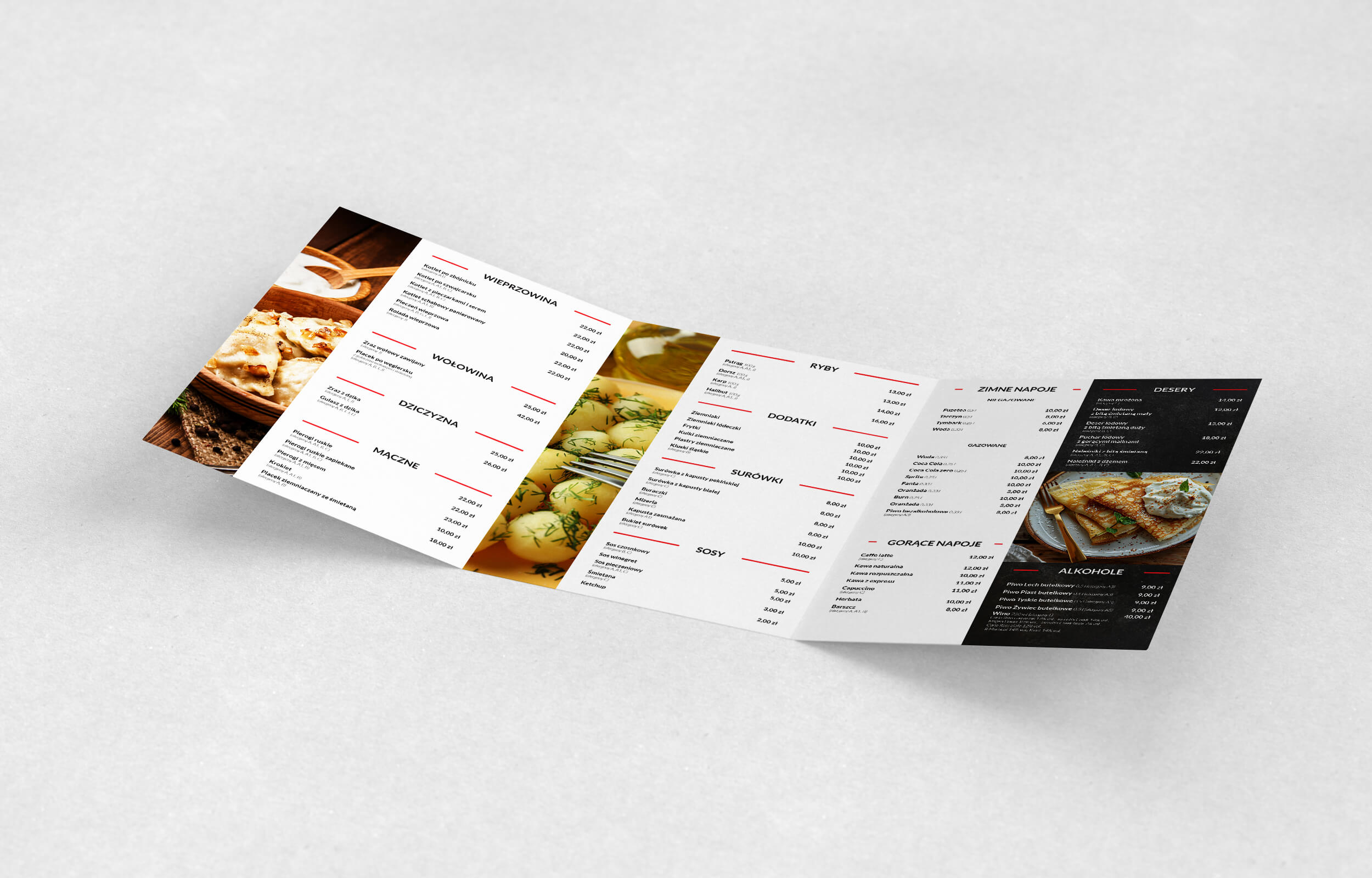 Rozłożone menu Restauracji Lema – pełny układ projektu