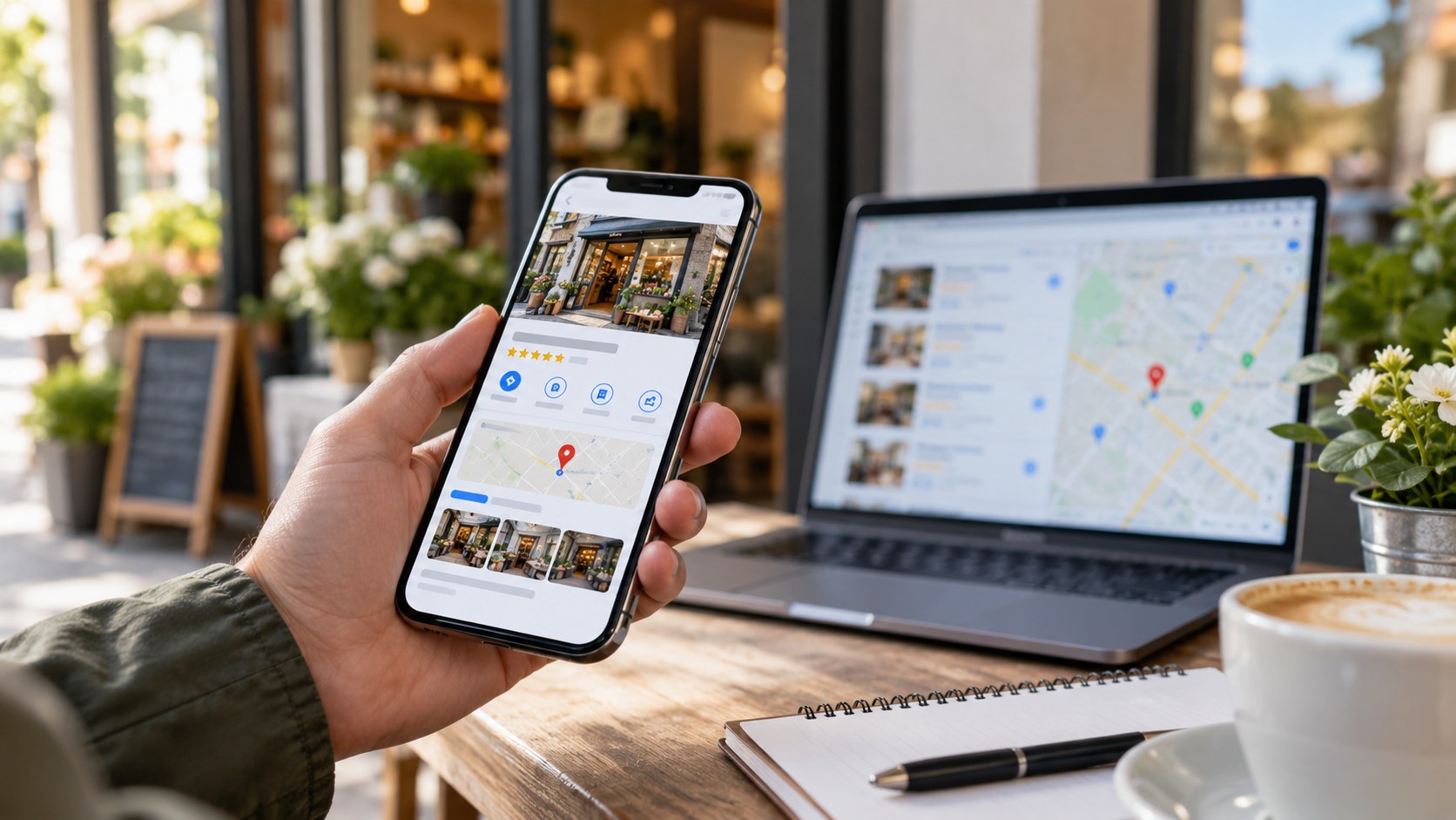 Smartfon z profilem lokalnej firmy, ocenami klientów i mapą lokalizacji.